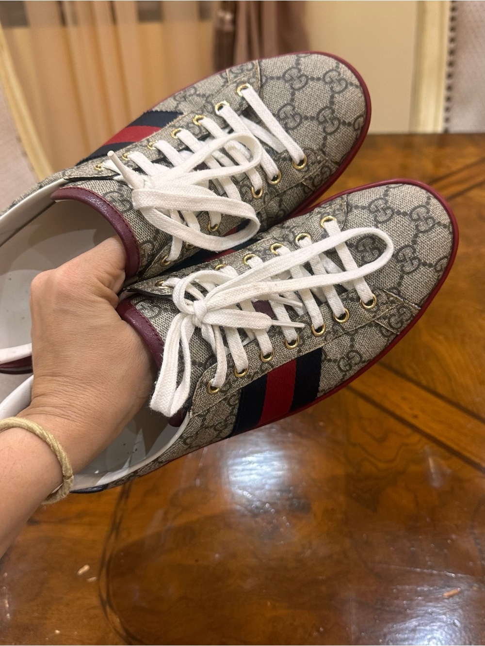 Gucci Beige GG Canvas Sneakers with Red & Navy Web Stripe